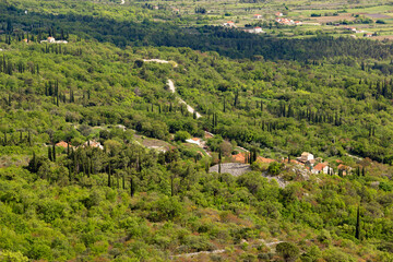 Fototapeta na wymiar Fields and villages in Konavle region near Dubrovnik. Bird's-eye shot.