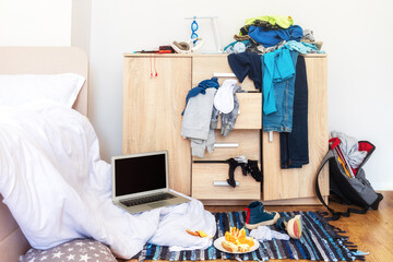 big mess in young boy's room, scattered things, unmade bed, food on floor - obrazy, fototapety, plakaty