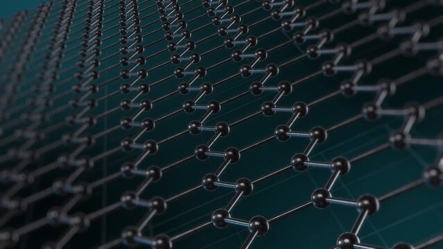 black hexagon grid, graphene structure with carbon atoms, nanotechnology background animation (3d render)