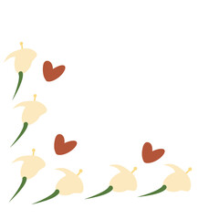 Corner frame of flowers and hearts in trendy shades in a minimalist cartoon style.