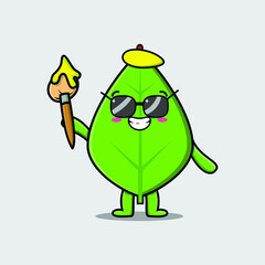 Cute cartoon character Green leaf painter with hat and a brush to draw in cute design style design 