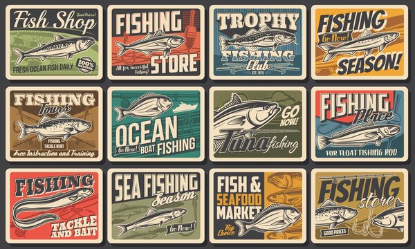 Fishing sport vintage posters, fish and seafood market or fisher catch tournament, vector. Sea fishing for tuna, salmon and sardine, fisher equipment store of rods, tackles and lures