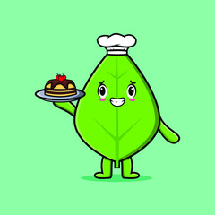 Cute Cartoon chef green leaf character serving cake on tray cute style design in 3d cartoon style concept
