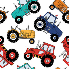 Hand drawn tractors seamless vector pattern. Perfect for textile, wallpaper or print design.