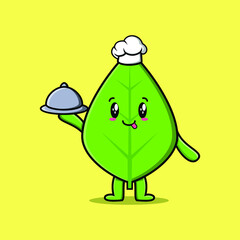 Cute Cartoon chef green leaf mascot character serving food on tray cute style design