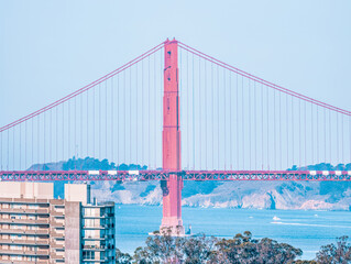 San Francisco, California, USA - October 16, 2021, view from a distance of the bay and the Golden Gate Bridge in San Francisco. Photo edited in pastel colors.