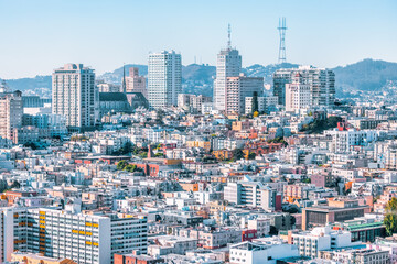 Fototapeta premium Beautiful aerial view from the Coit Tower, over the city of San Francisco. Photo processed in pastel colors