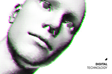 Face of man with glitch effect. Abstract men head made from dots. Pixel art. 3D vector illustration.