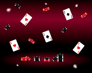 Poker chips and playing cards on a dark background
