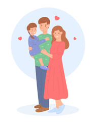 Young family kid together, flat style. Happy parents with their young daughter. Family values. Cute illustration.