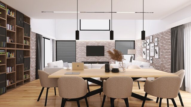 Wizualizacja pomieszczenia 3D Salon z jadalnią w jasnym i przytulnym klimacie