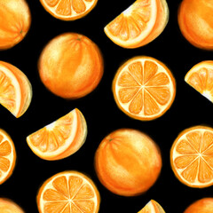 Juicy oranges seamless pattern. Bright summer design in a watercolor style.