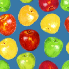 Juicy apples seamless pattern. Bright summer design in a watercolor style.