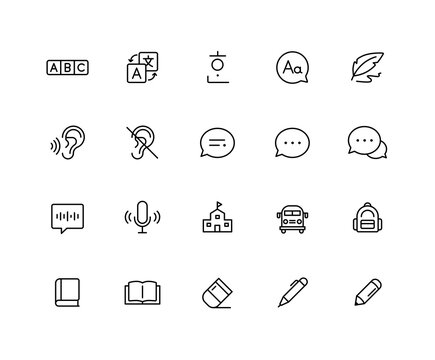 Collection of communication linear icons. Set of language symbols drawn with thin contour lines. Vector illustration.