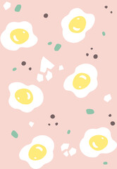 Digital pattern with trendy  funny scrambled eggs on a beige  background for prints, prints, postcards, photo paper, decor, covers, posters, textiles, clothes.