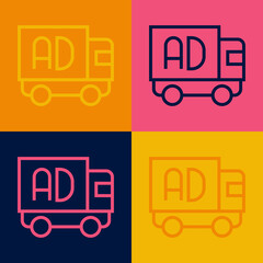 Pop art line Advertising on truck icon isolated on color background. Concept of marketing and promotion process. Responsive ads. Social media advertising. Vector