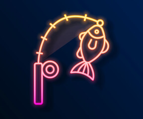 Glowing neon line Fishing rod and fish icon isolated on black background. Fishing equipment and fish farming topics. Vector