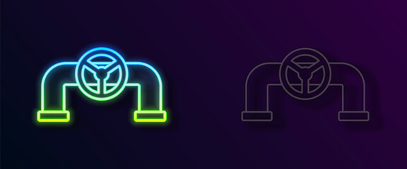 Glowing neon line Oil pipe with valve icon isolated on black background. Vector