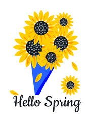Hello Spring. Bouquet with yellow sunflowers on a white background. Vector.