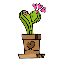 Blooming colored cactus in a clay pot. Vector hand-drawn doodle illustration of a cute cactus and a heart-shaped flower. A pot with an ornament in the form of a heart. Valentine's Day cards, stickers.