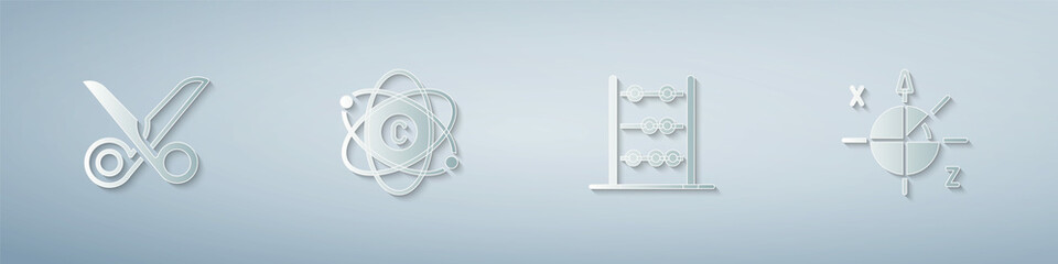 Set Scissors, Atom, Abacus and Trigonometric circle. Paper art style. Vector
