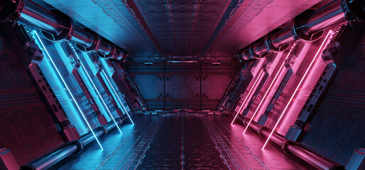 Blue and pink spaceship interior with neon lights on panel walls. 3d rendering © sdecoret