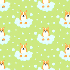 Pattern with a cute dog in the foam. Dog in foam. Vector illustration.