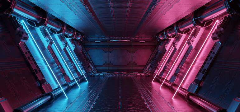 Blue and pink spaceship interior with neon lights on panel walls. 3d rendering
