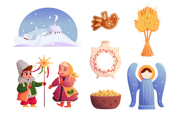 Ukrainian symbols of Christmas celebration. Christmas cookies. Winter village. Ukrainian carolers. Kutia. Diduch. Angel. Kumanets.  Vector cute Illustration in cartoon style.