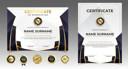 Black and gold certificate of appreciation border template with luxury badge and modern line and shapes. For award, business, and education needs. Diploma vector template - obrazy, fototapety, plakaty