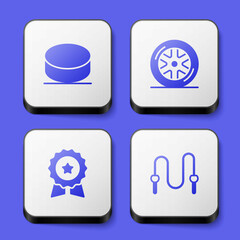 Set Hockey puck, Car wheel, Medal with star and Jump rope icon. White square button. Vector
