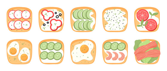 Set of sandwiches with vegetables. Toast with eggs, tomatoes, shrimp, fish, cucumbers, avocado. Vector illustration. Healthy breakfasts.