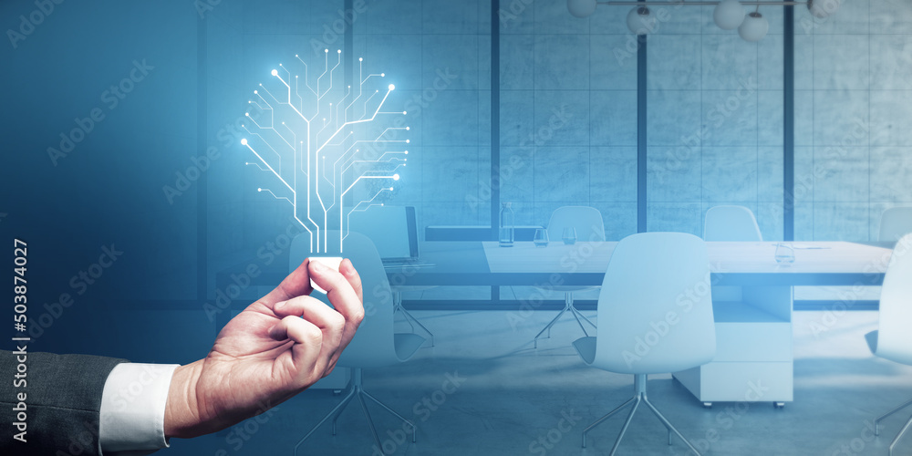 Poster close up of businessman hand holding abstract glowing circuit lamp on blue interior background with 