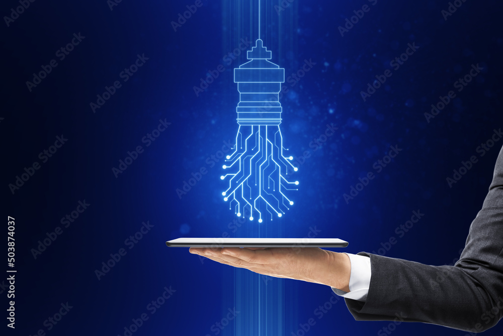 Poster close up of businessman hand holding smartphone with abstract glowing circuit light bulb on blue bac