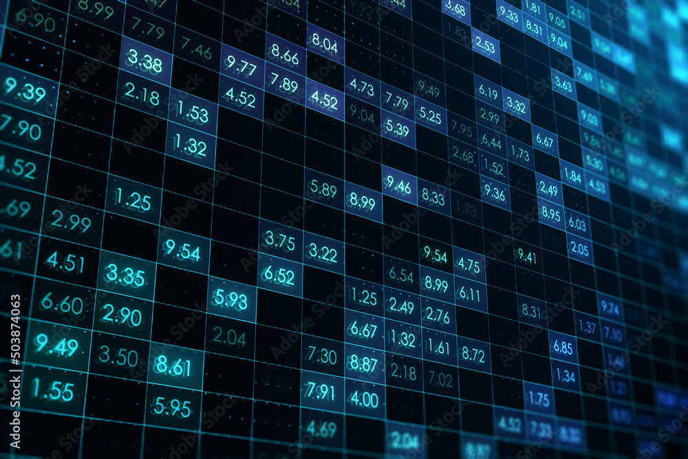 Poster creative digital financial numbers or index data on blurry background. stock market and growth conce