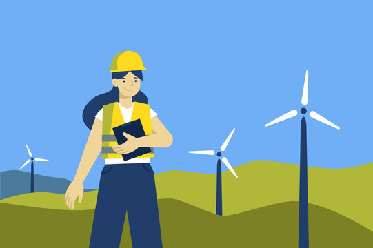wind turbine woman worker in hard hat near windmills renewable energy concept illustration 