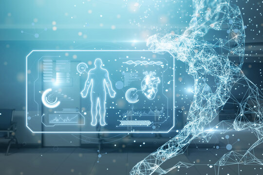 Abstract glowing medical cardiology interface on blurry hospital background with dna helix. Hi-tech technology and medicine of the future concept. Double exposure and 3D Rendering. - Powered by Adobe