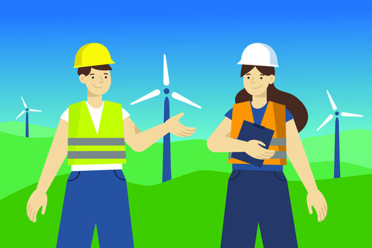 two wind turbine workers in hard hats near windmills renewable energy concept illustration 