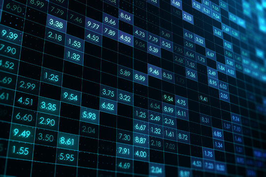 Creative digital financial numbers or index data on blurry background. Stock market and growth concept. 3D Rendering.