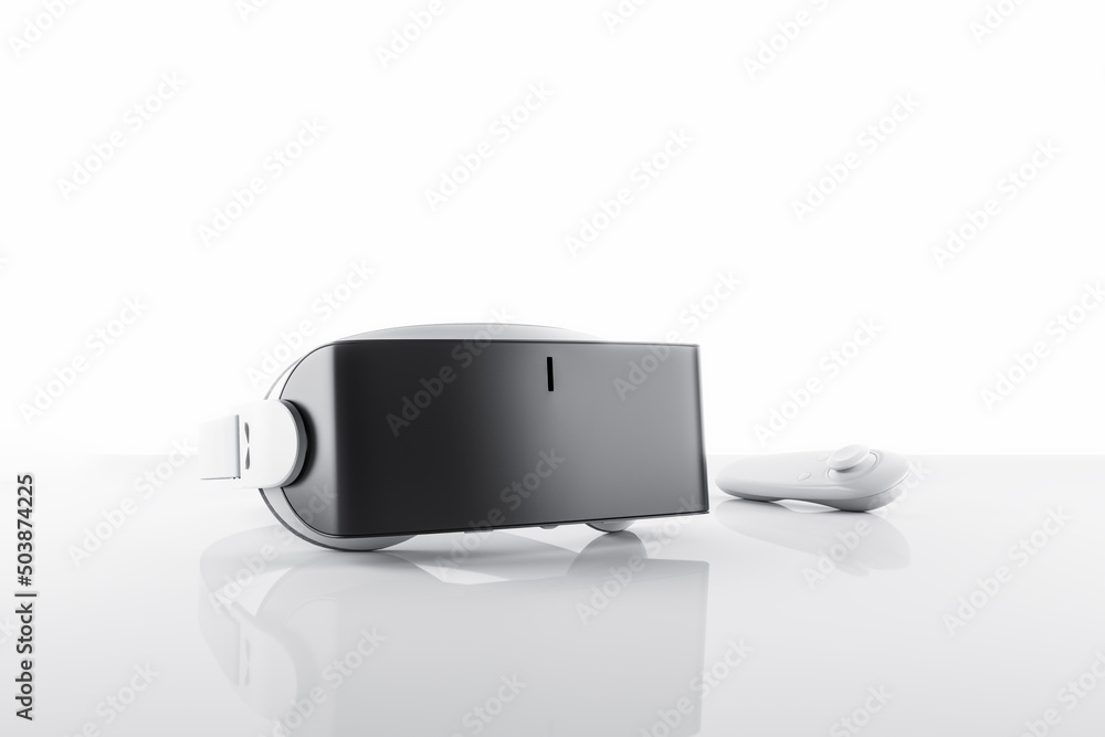 Aufkleber Virtual reality and metaverse concept with black and white VR headset and joystick on glossy table surface. 3D rendering