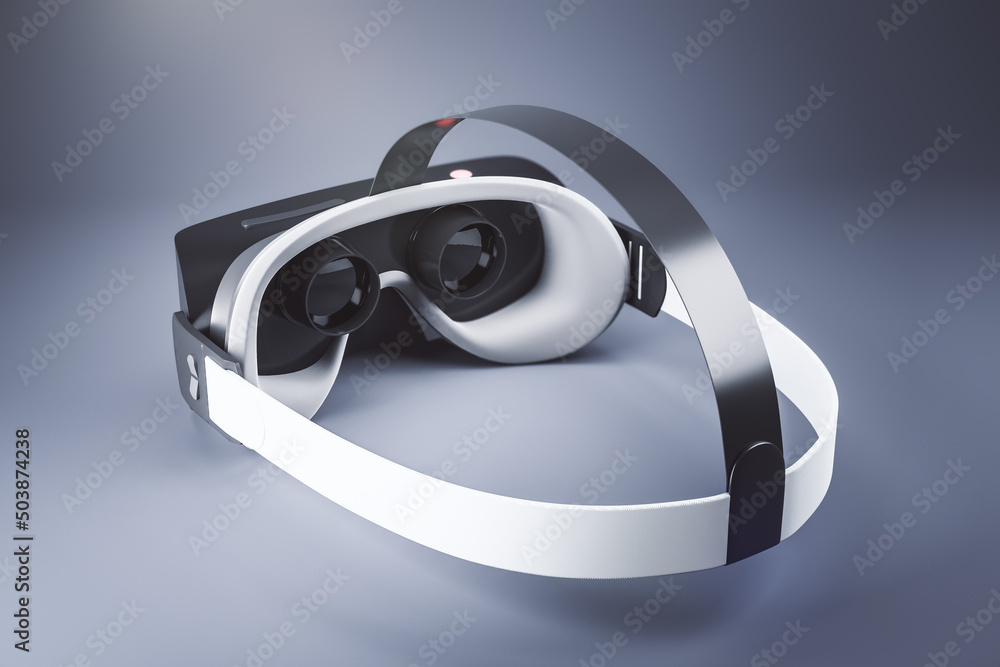 Poster Virtual reality with modern VR glasses back view on abstract backdrop. 3D rendering