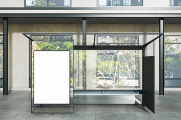 Street advertisement concept with blank white billboard on bus stop city street in the morning. 3D rendering, mock up
