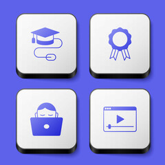 Set Graduation cap with mouse, Online education diploma, Student working laptop and play video icon. White square button. Vector