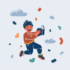 Vector illustration of a cheerful schoolboy with backpack and books jumps. Back to school. Boy is ready to study.