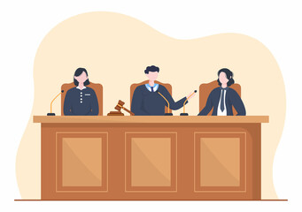Court Room with Lawyer, Jury Trial, Witness or Judges and the Wooden Judge's Hammer in Flat Cartoon Design Illustration