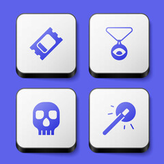Set Circus ticket, Medallion on chain with eye, Skull and Magic wand icon. White square button. Vector