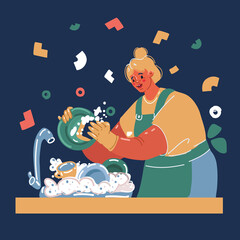 Cartoon vector illustration of portrait of woman washing dish at kitchen