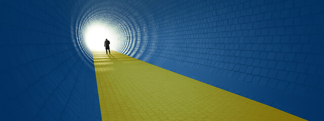 Concept or conceptual blue and yellow tunnel, the Ukrainian flag colors, with a bright light at the end as metaphor to hope and faith. A 3d illustration of a black silhouette of walking man to freedom