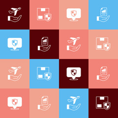 Set pop art Plane in hand, Delivery security with shield, Location and Contract icon. Vector