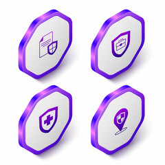 Set Isometric Contract with shield, Briefcase, Life insurance and Location icon. Purple hexagon button. Vector